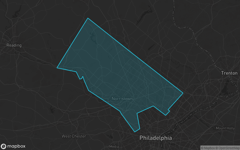 Map of Montgomery County, Pennsylvania showing the county boundary and surrounding cities