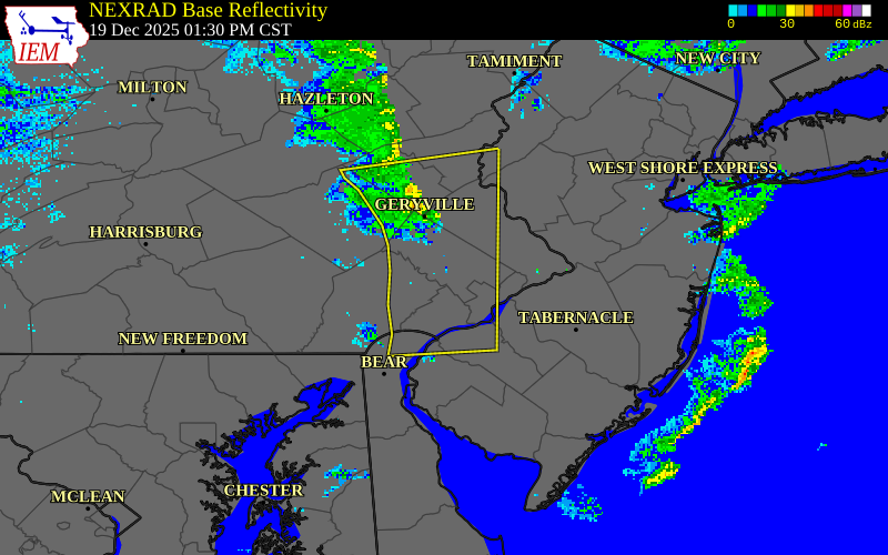 NEXRAD radar during the Friday, December 19, 2025 storm activity in Montgomery County, Pennsylvania