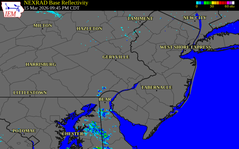 NEXRAD radar during the Sunday, March 15, 2026 storm activity in Montgomery County, Pennsylvania