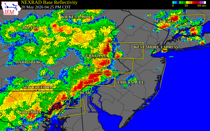 NEXRAD radar during the Wednesday, May 20, 2026 storm activity in Montgomery County, Pennsylvania