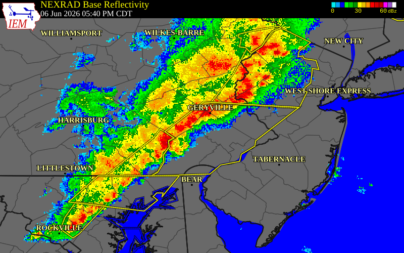 NEXRAD radar during the Saturday, June 6, 2026 storm activity in Montgomery County, Pennsylvania