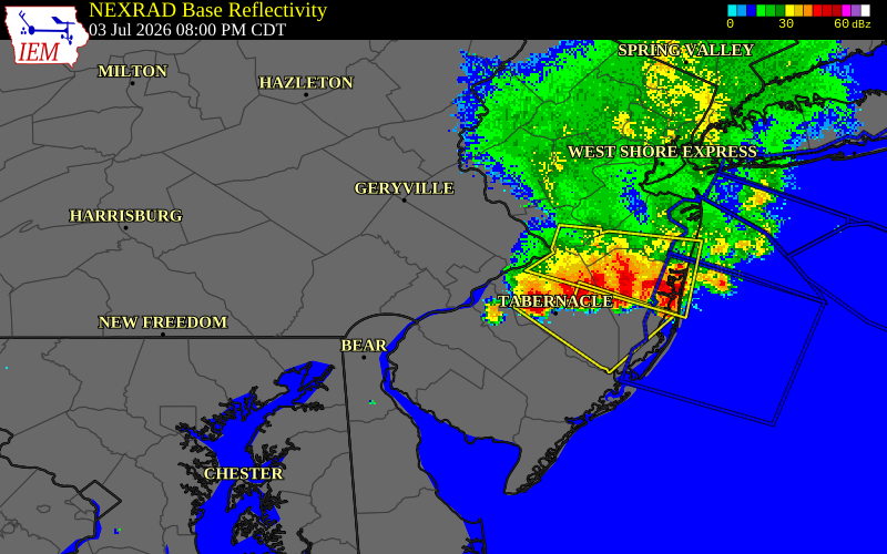 NEXRAD radar during the Friday, July 3, 2026 storm activity in Montgomery County, Pennsylvania