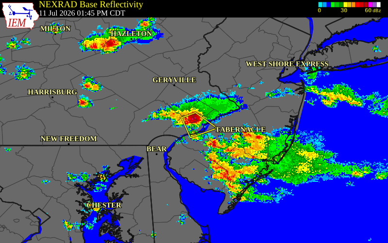 NEXRAD radar during the Saturday, July 11, 2026 storm activity in Montgomery County, Pennsylvania