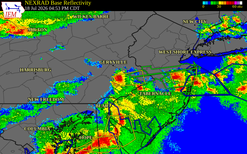 NEXRAD radar during the Saturday, July 18, 2026 storm activity in Montgomery County, Pennsylvania