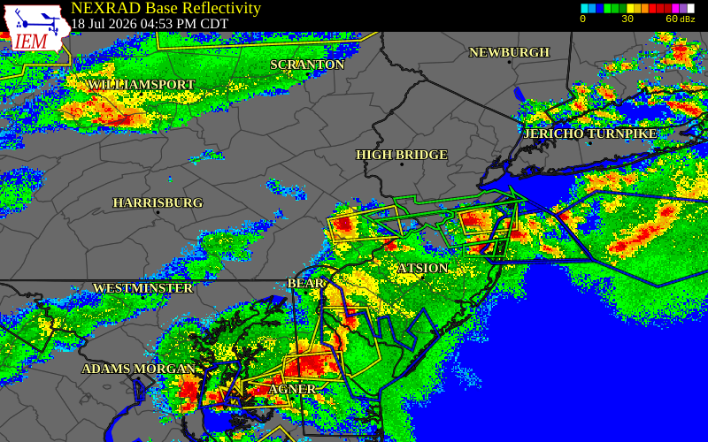 Radar snapshot during the Jul 18, 2026 wind event near North Wales, Montgomery County, Pennsylvania, with NWS warning polygons