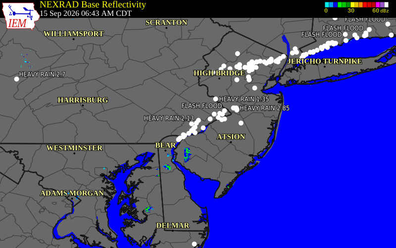 Current NEXRAD radar over Montgomery County, Pennsylvania with recent storm report locations