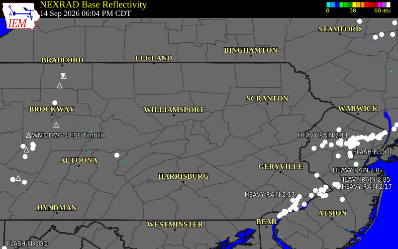 Current NEXRAD radar over Montour County, Pennsylvania with recent storm report locations