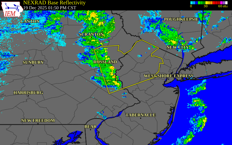 NEXRAD radar during the Friday, December 19, 2025 storm activity in Northampton County, Pennsylvania