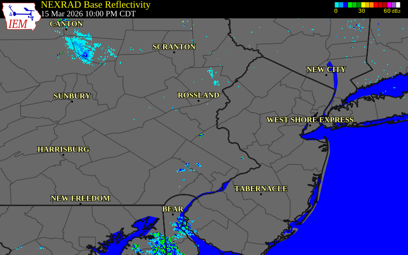 NEXRAD radar during the Sunday, March 15, 2026 storm activity in Northampton County, Pennsylvania