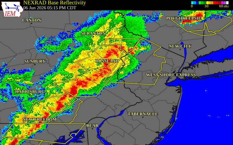 NEXRAD radar during the Saturday, June 6, 2026 storm activity in Northampton County, Pennsylvania