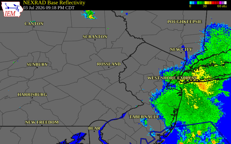 NEXRAD radar during the Friday, July 3, 2026 storm activity in Northampton County, Pennsylvania