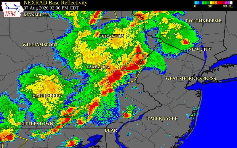 NEXRAD radar during the Friday, August 7, 2026 storm activity in Northampton County, Pennsylvania