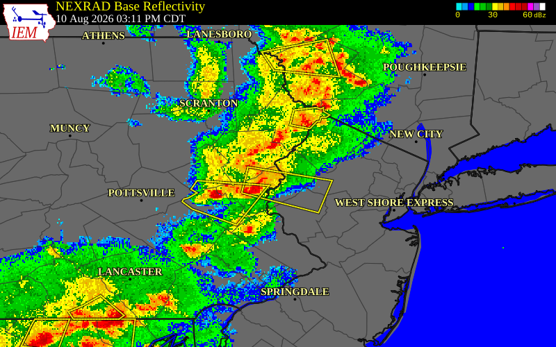 NEXRAD radar during the Monday, August 10, 2026 storm activity in Northampton County, Pennsylvania