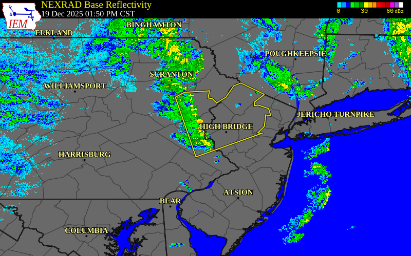 Radar snapshot during the Dec 19, 2025 wind event near Forks Twp, Northampton County, Pennsylvania, with NWS warning polygons