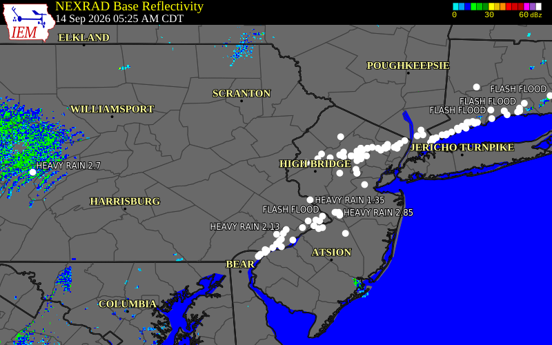 Current NEXRAD radar over Northampton County, Pennsylvania with recent storm report locations