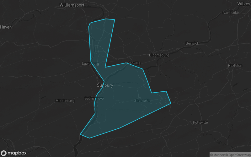 Map of Northumberland County, Pennsylvania showing the county boundary and surrounding cities