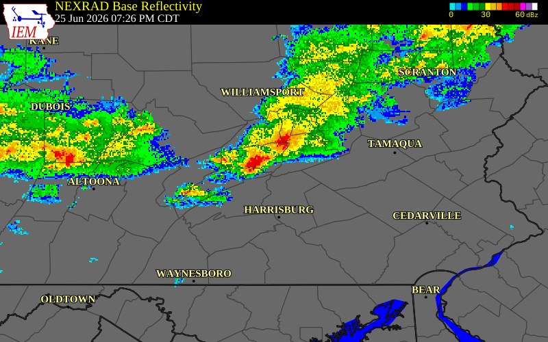 NEXRAD radar during the Thursday, June 25, 2026 storm activity in Northumberland County, Pennsylvania