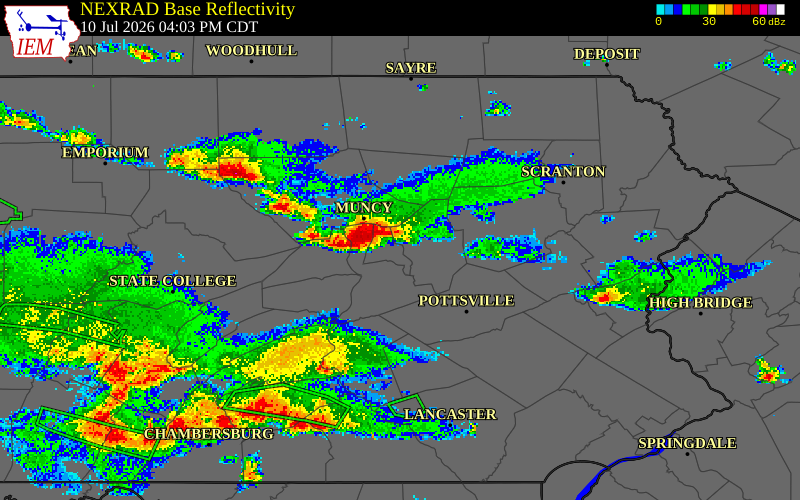 NEXRAD radar during the Friday, July 10, 2026 storm activity in Northumberland County, Pennsylvania