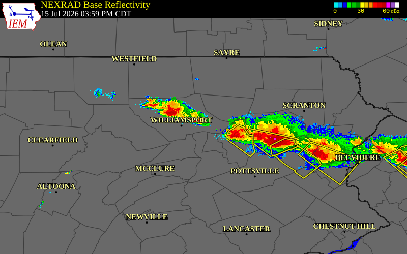NEXRAD radar during the Wednesday, July 15, 2026 storm activity in Northumberland County, Pennsylvania