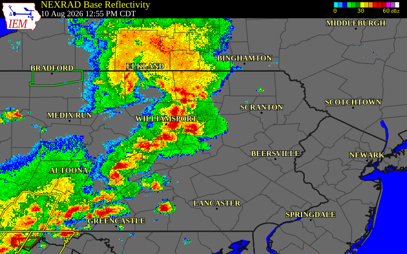 Radar snapshot during the Aug 10, 2026 wind event near Northumberland County, Northumberland County, Pennsylvania, with NWS warning polygons