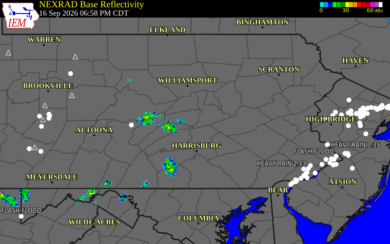 Current NEXRAD radar over Northumberland County, Pennsylvania with recent storm report locations