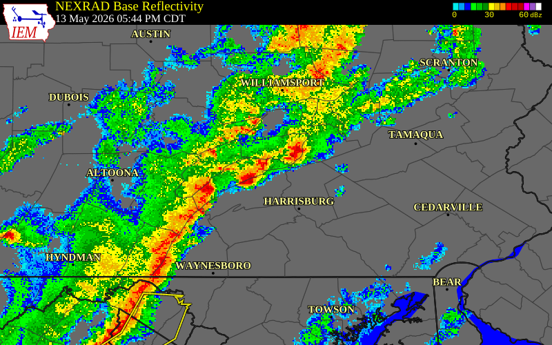 NEXRAD radar during the Wednesday, May 13, 2026 storm activity in Perry County, Pennsylvania