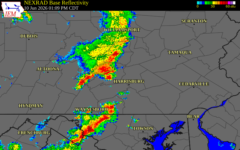 NEXRAD radar during the Wednesday, June 10, 2026 storm activity in Perry County, Pennsylvania