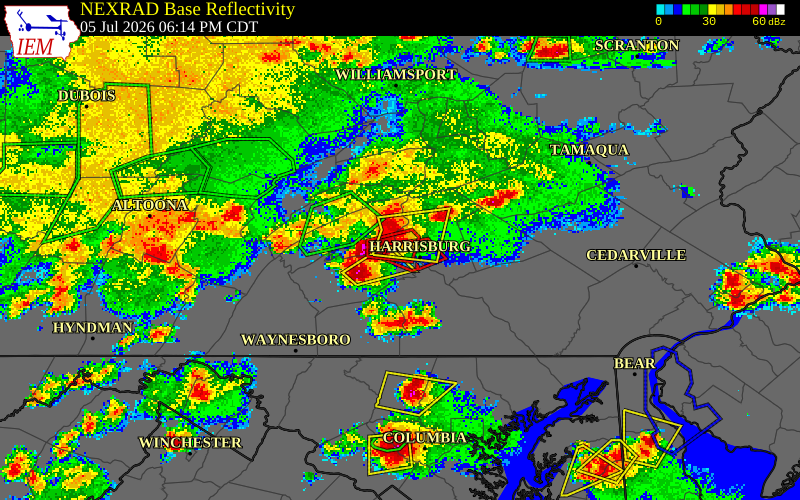 NEXRAD radar during the Sunday, July 5, 2026 storm activity in Perry County, Pennsylvania
