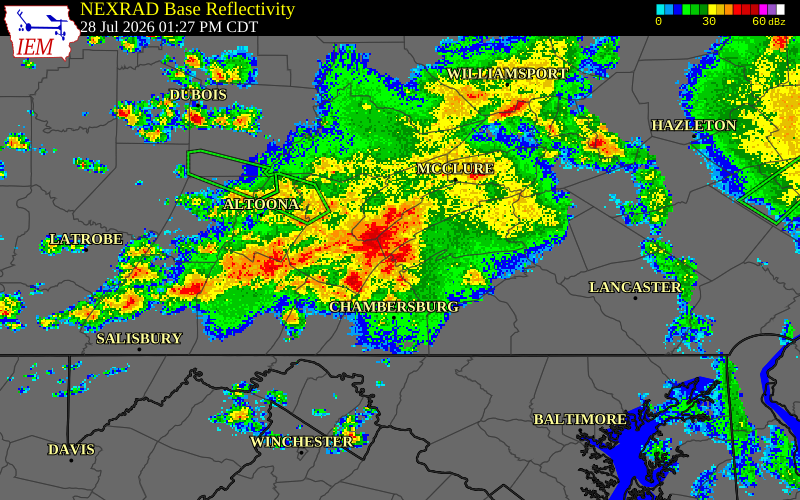NEXRAD radar during the Tuesday, July 28, 2026 storm activity in Perry County, Pennsylvania