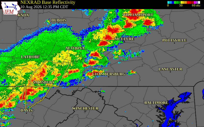 NEXRAD radar during the Monday, August 10, 2026 storm activity in Perry County, Pennsylvania