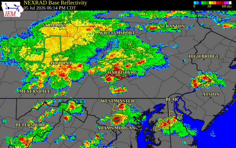 Radar snapshot during the Jul 5, 2026 tornado event near 4 WSW Marysville, Perry County, Pennsylvania, with NWS warning polygons