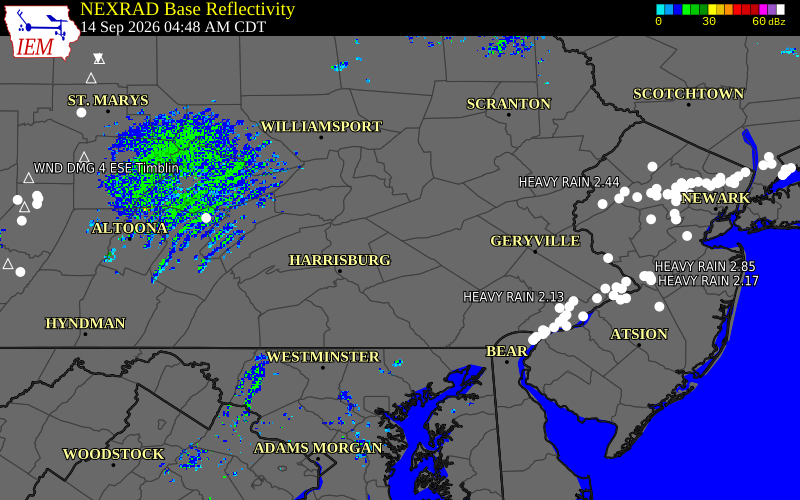 Current NEXRAD radar over Perry County, Pennsylvania with recent storm report locations