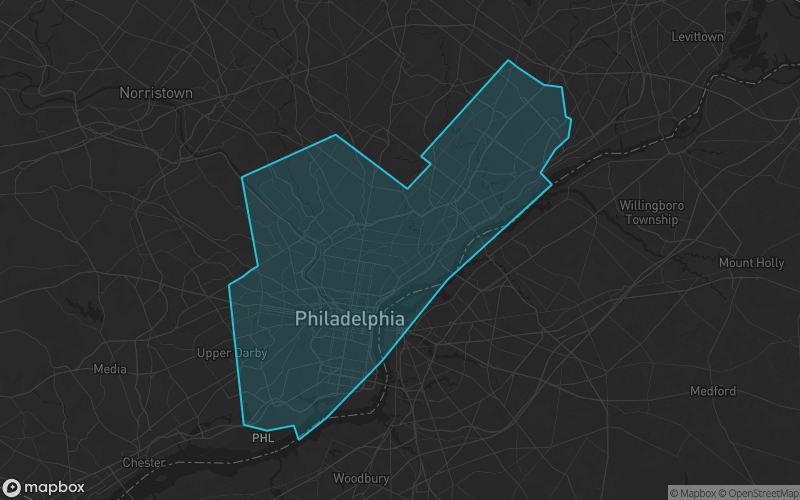 Map of Philadelphia County, Pennsylvania showing the county boundary and surrounding cities