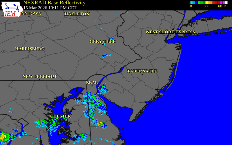 NEXRAD radar during the Sunday, March 15, 2026 storm activity in Philadelphia County, Pennsylvania