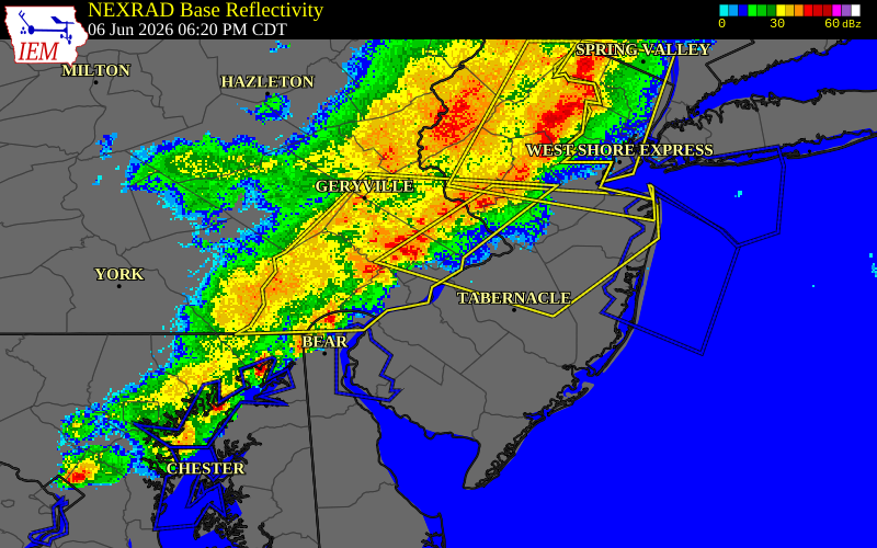 NEXRAD radar during the Saturday, June 6, 2026 storm activity in Philadelphia County, Pennsylvania