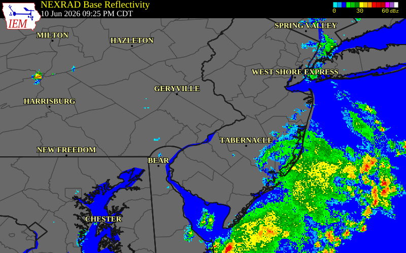 NEXRAD radar during the Wednesday, June 10, 2026 storm activity in Philadelphia County, Pennsylvania