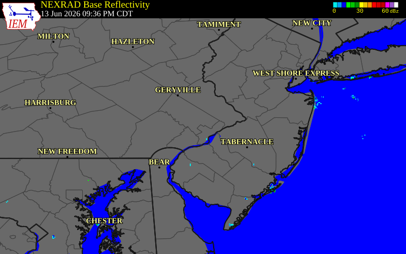 NEXRAD radar during the Saturday, June 13, 2026 storm activity in Philadelphia County, Pennsylvania