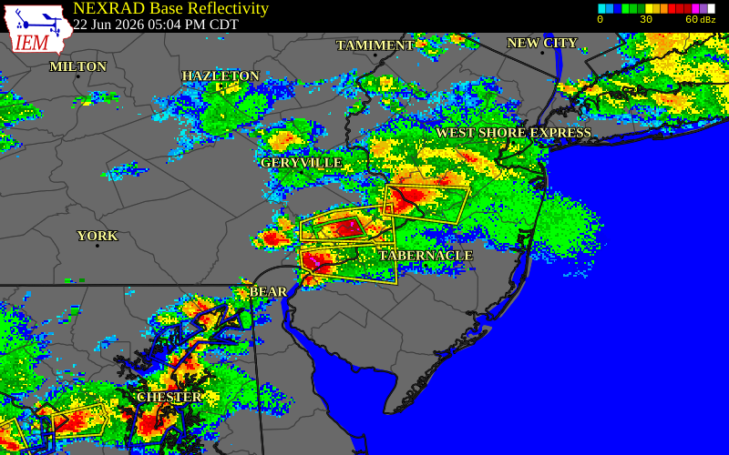 NEXRAD radar during the Monday, June 22, 2026 storm activity in Philadelphia County, Pennsylvania