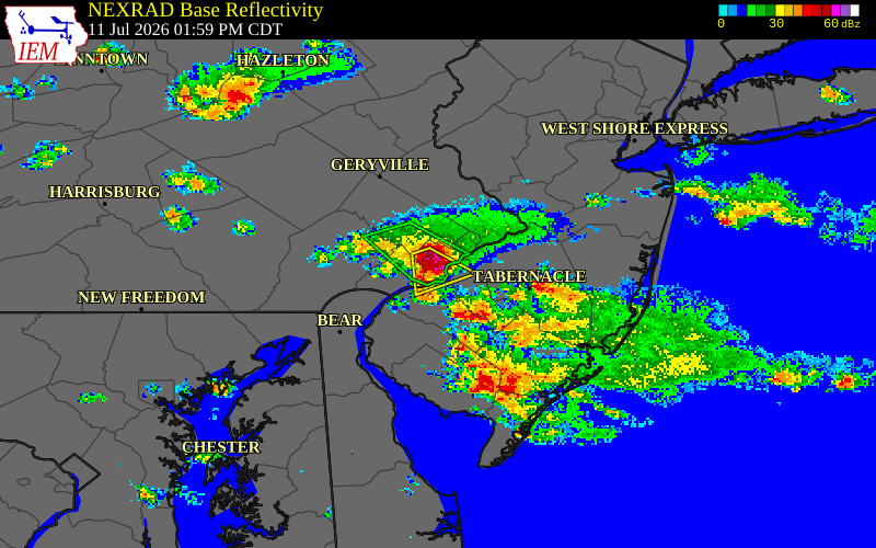 NEXRAD radar during the Saturday, July 11, 2026 storm activity in Philadelphia County, Pennsylvania