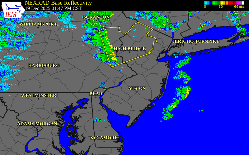 Radar snapshot during the Mar 15, 2026 wind event near Philadelphia Internatio, Philadelphia County, Pennsylvania, with NWS warning polygons