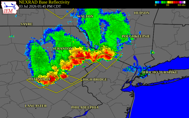 NEXRAD radar during the Friday, July 3, 2026 storm activity in Pike County, Pennsylvania