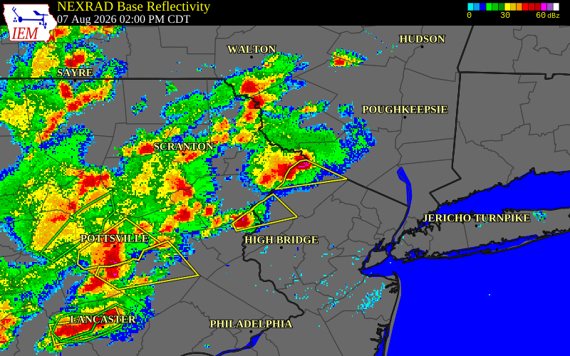 NEXRAD radar during the Friday, August 7, 2026 storm activity in Pike County, Pennsylvania