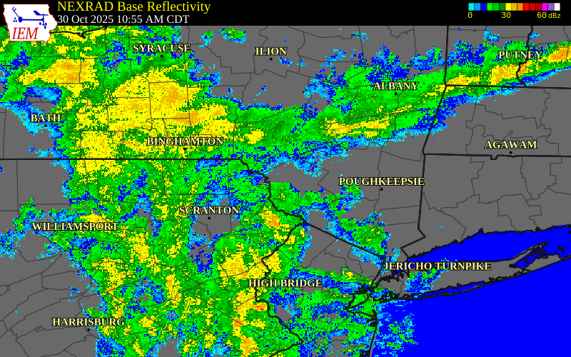 Radar snapshot during the Oct 30, 2025 wind event near Pike County, Pike County, Pennsylvania, with NWS warning polygons