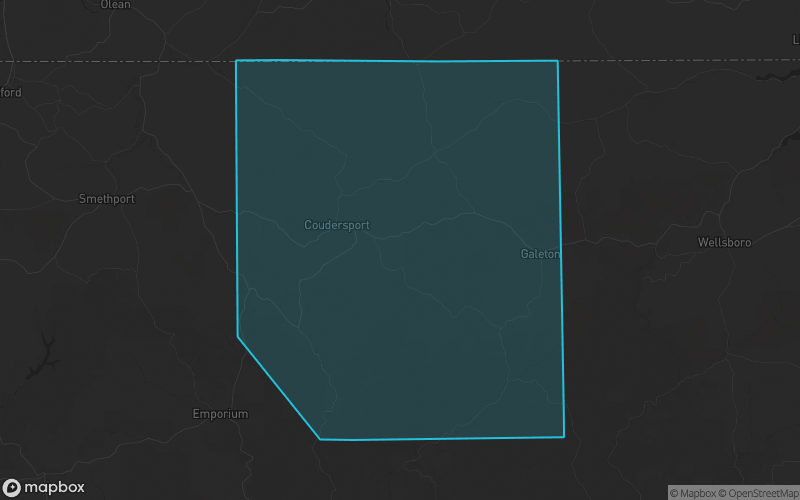 Map of Potter County, Pennsylvania showing the county boundary and surrounding cities