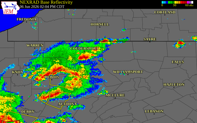 NEXRAD radar during the Saturday, June 6, 2026 storm activity in Potter County, Pennsylvania