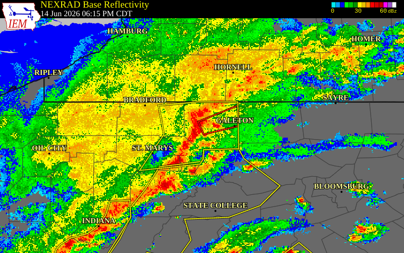 NEXRAD radar during the Sunday, June 14, 2026 storm activity in Potter County, Pennsylvania