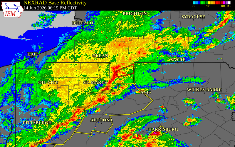 Radar snapshot during the Jun 14, 2026 tornado event near 3 S Coudersport, Potter County, Pennsylvania, with NWS warning polygons