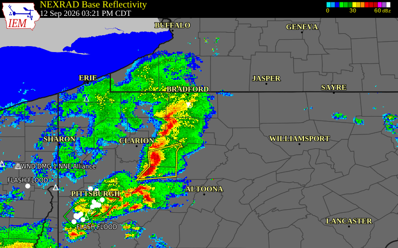 Current NEXRAD radar over Potter County, Pennsylvania with recent storm report locations