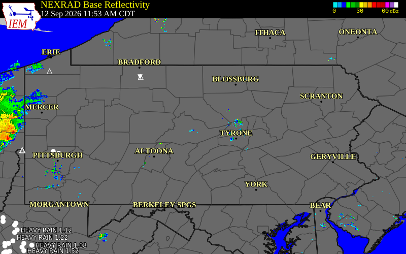 Current NEXRAD radar across Pennsylvania with recent storm report locations