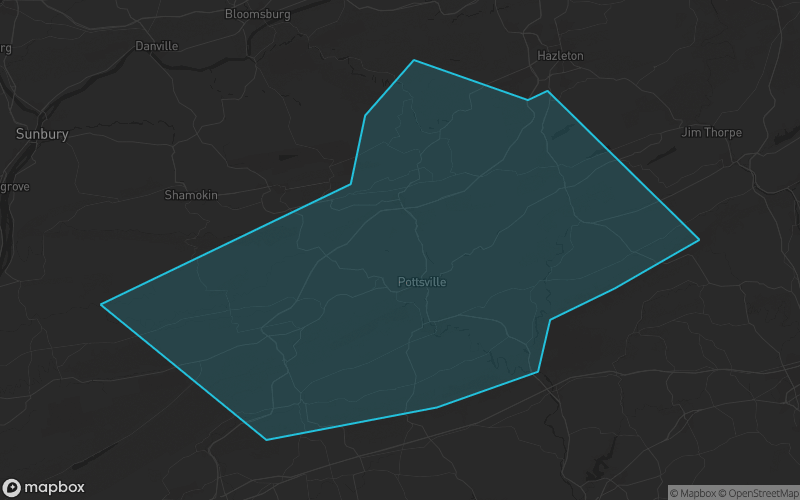 Map of Schuylkill County, Pennsylvania showing the county boundary and surrounding cities